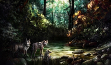 Waiting - lup, fantasy, animal, wolf, forest, luminos