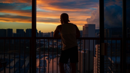 :-) - silhouette, mman, balcony, vara, evening, summer, sunset, andrew tanglao