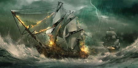 Storm - storm, summer, ship, sea, julian calle, fantasy, painting, rain, art, vara, luminos