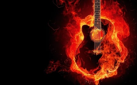 Guitar on fire - fire, guitar, fantasy, instrument, orange