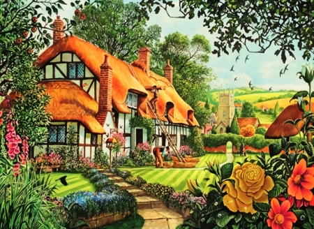 A New Roof - straw, roof, painting, cottage, country, thatch, village