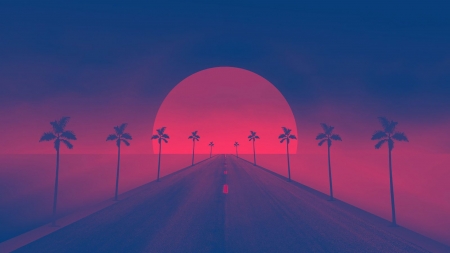 :-) - moon, palm tree, luminos, red, blue, synthpop, luna