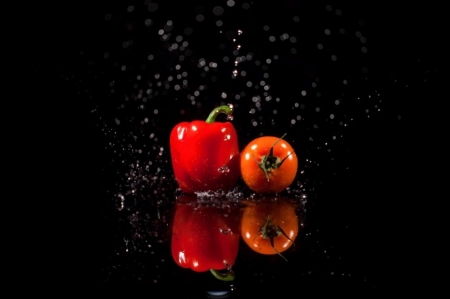 Water drops - pepper, vegetable, reflection, tomato, drops