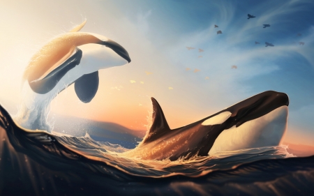 Whales - whale, vara, water, summer, painting, art, luminos, sea, cirano