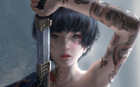 Katana - tattoo, fantasy, luminis, wlop, girl, atana, face, art