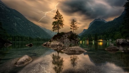 Stormy Clouds - lake, cloud, reflection, lightning, storm