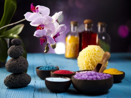 Spa Products - oils, orchids, salts, stones