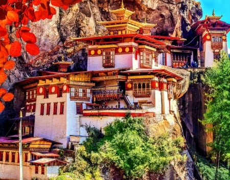 Taktshang, Bhutan - house, trees, nature, mountains, building, cloister