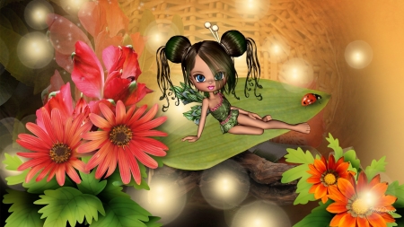 Little Green Fall Fairy - ladybug, art, blossoms, flowers, lights