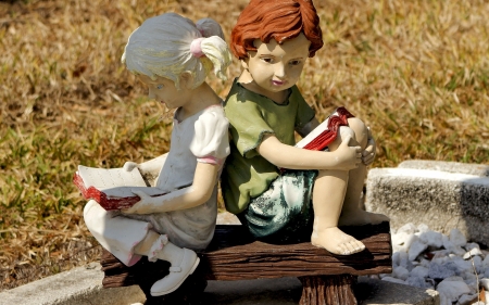 Sculpture of Children - books, bench, sculpture, children