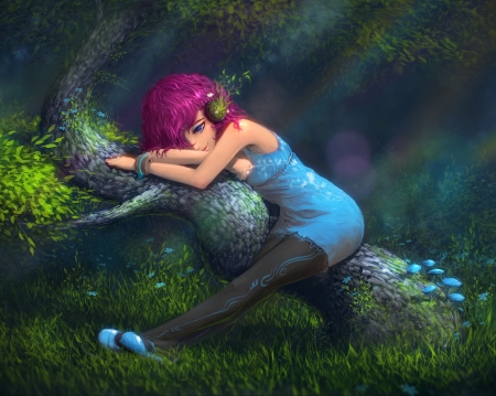 Forest elf - elf, girl, forest, woods, luminos, pink, blue, fantasy