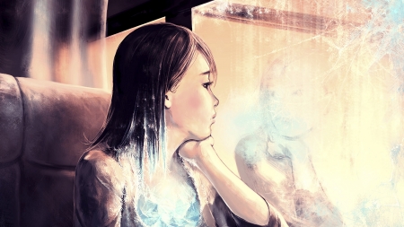 :-) - train, aquasixio, fantasy, window, girl, art, reflection