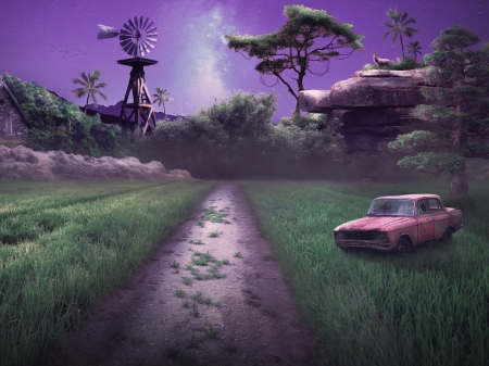 :-) - creative, purple, fantasy, pink, car, road