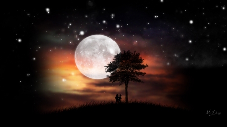 Evening Sky Watch - sky, stars, collage, children, full moon, tree, kids, firefox theme