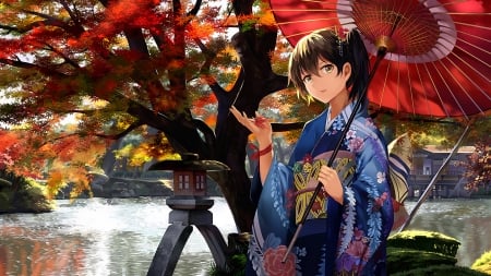 Anime girl - kimono, lake, anime girl, umbrella