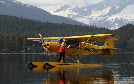 Seaplane and Mickey Mouse - seaplane, lake, forest, mountains, Mickey Mouse