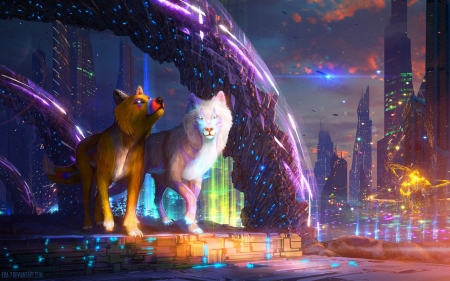 Wolves - wolf, couple, luminos, pink, blue, orange, fantasy