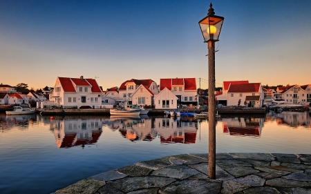 Skudeneshavn, Norway - town, norway, houses, reflection, light, boats, marina