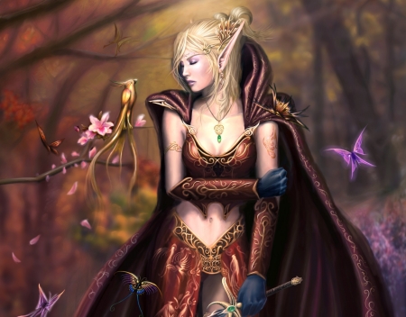 Elf girl - elf, butterfly, girl, luminos, pink, fantasy, bird