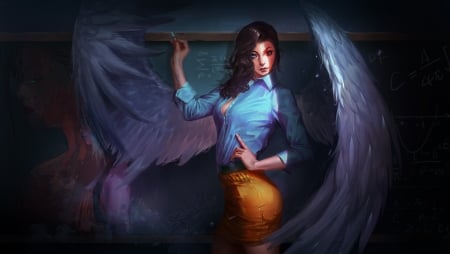 Angel - fantasy, blue, wings, girl, angel, feather, orange, art