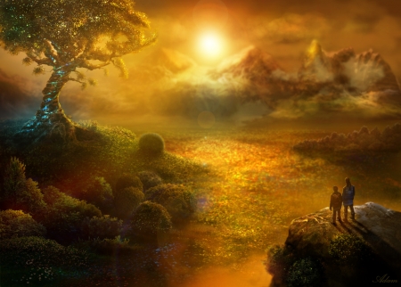 Sunset - couple, luminos, tree, sunset, fantasy