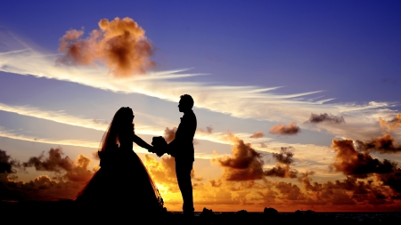 :-) - love, wedding, sky, silhouette, vara, couple, summer, sunset, bride, black, cloud, blue, orange