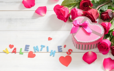 Happy Valentine's Day! - heart, valentine, rose, box, card, petals, pink