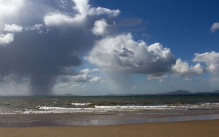 Sea, Clouds and Rain Shower - clouds, sea, beach, rain