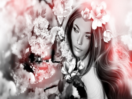 Girl - face, hairstyle, flowers, girl