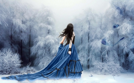 Winter Women And Wolf - Long Dress, Trees, Women, Winter, Brunette, Forest, White, Blue, Snow, Wolf