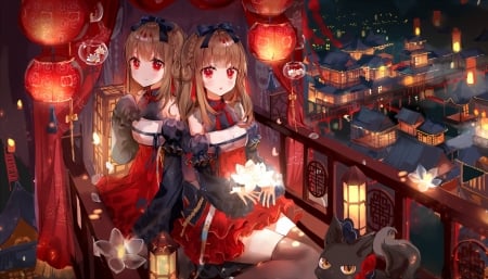 Girls - anime, girl, night, tagme, flower, lantern, manga, red, couple