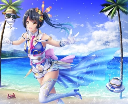 Girl - beach, girl, water, summer, crab, white, tagme, cloud, blue, anime, sea, manga