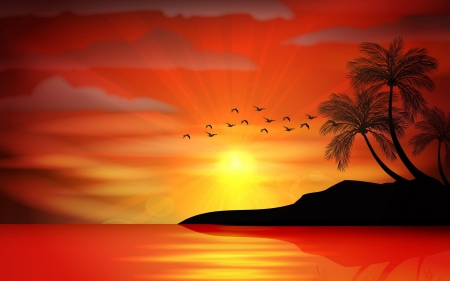 Sunset - bird, yellow, summer, sea, silhouette, vector, orange, black, sunset, paradise, vara, luminos, palm tree