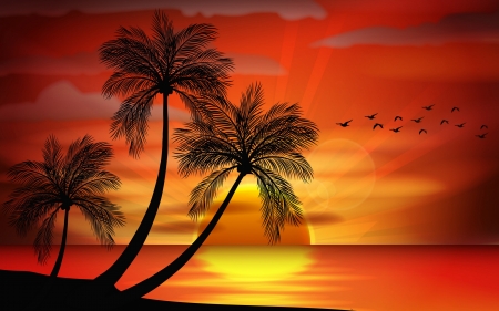 Sunset - vector, silhouette, vara, palm tree, sunset, summer, black, yellow, reflection, luminos, orange, sea