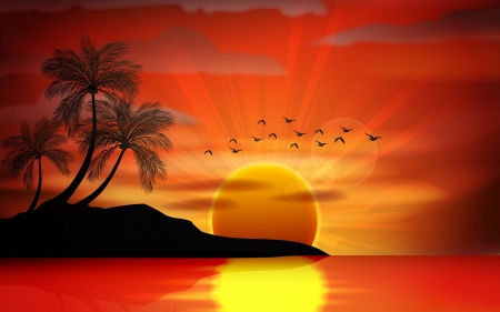 Sunsets - vector, silhouette, vara, palm tree, sunset, summer, bird, yellow, reflection, luminos, orange, sea