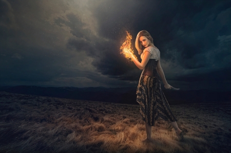 Magical fire - witch, sorceress, fantasy, fire, girl, magical, luminos