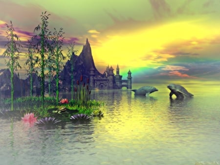 Scenery 3D - sky, mountain, water, sunset, waterlilies, art, clouds, castle, whales