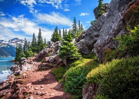 Mountain path - clouds, path, trees, water, lake, grass, mountain, rocks