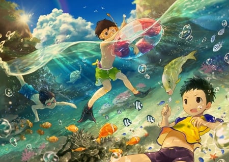 :-) - vara, water, summer, copil, children, boy, anime, fish, noeyebrow, sea, manga