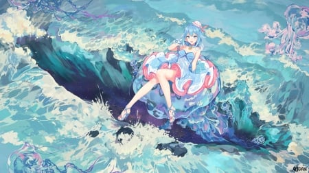 Jellyfish girl - anime, summer, blue, atdan, girl, pink, manga, jellyfish, vara