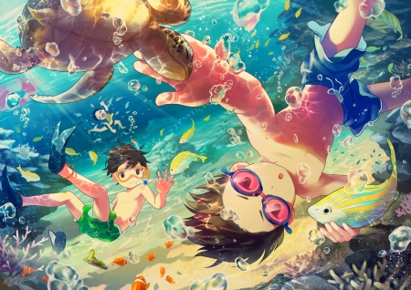 :-) - boy, manga, anime, water, summer, noeyebrow, sea, fish