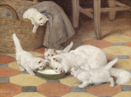 Cats - milk, arthur heyer, family, cat, pictura, white, kitten, painting, art