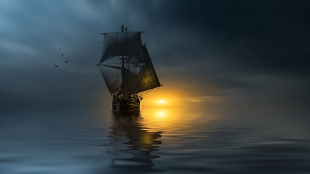 Ship - silhouette, ship, vara, christian wig, water, summer, sunset, sea