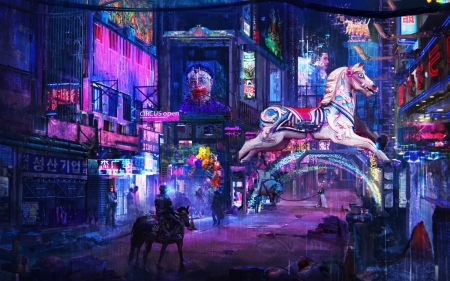 Circus - synthpop, fantasy, blue, cyberpunk, man, pink, luminos