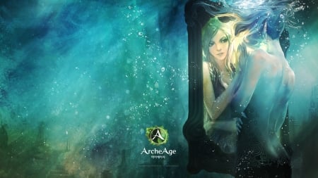 Mermaid - girl, mermaid, blue, mirror, water, archeage, sea, fantasy