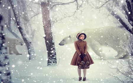 Woman And Polar Bears - Woman, Trees, Shoes, Snow, Winter, Coat, Hats