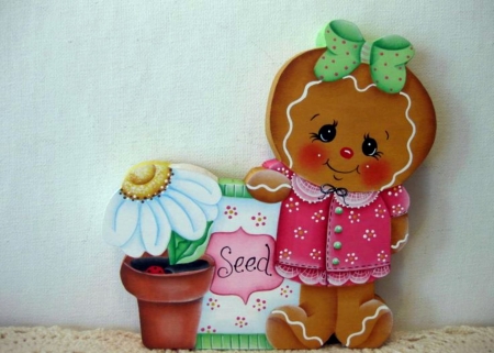 Gingerbread Kids - gingerbread, brown, bow, pot, kids, cute, flower