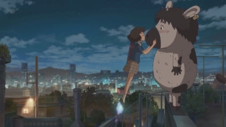 Odd Couple - kissing, night sky, cow, kyung-chun, anime girl, big eyes, eyes closed, city lights, rocket legs, anime, anime couple, couple, nightscape, blushing, the satellite girl and milk cow, cityscape, il-ho