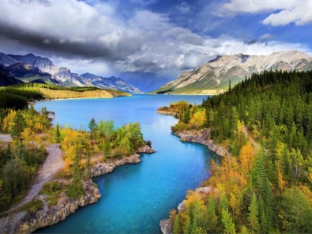 Abraham Lake, Banff National Park - alberta, sky, trees, forest, clouds, canada, mountains