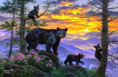 Adventure above the clouds - clouds, summer, paintings, spring, bears, family, nature, mountains, love four seasons, sky, animals